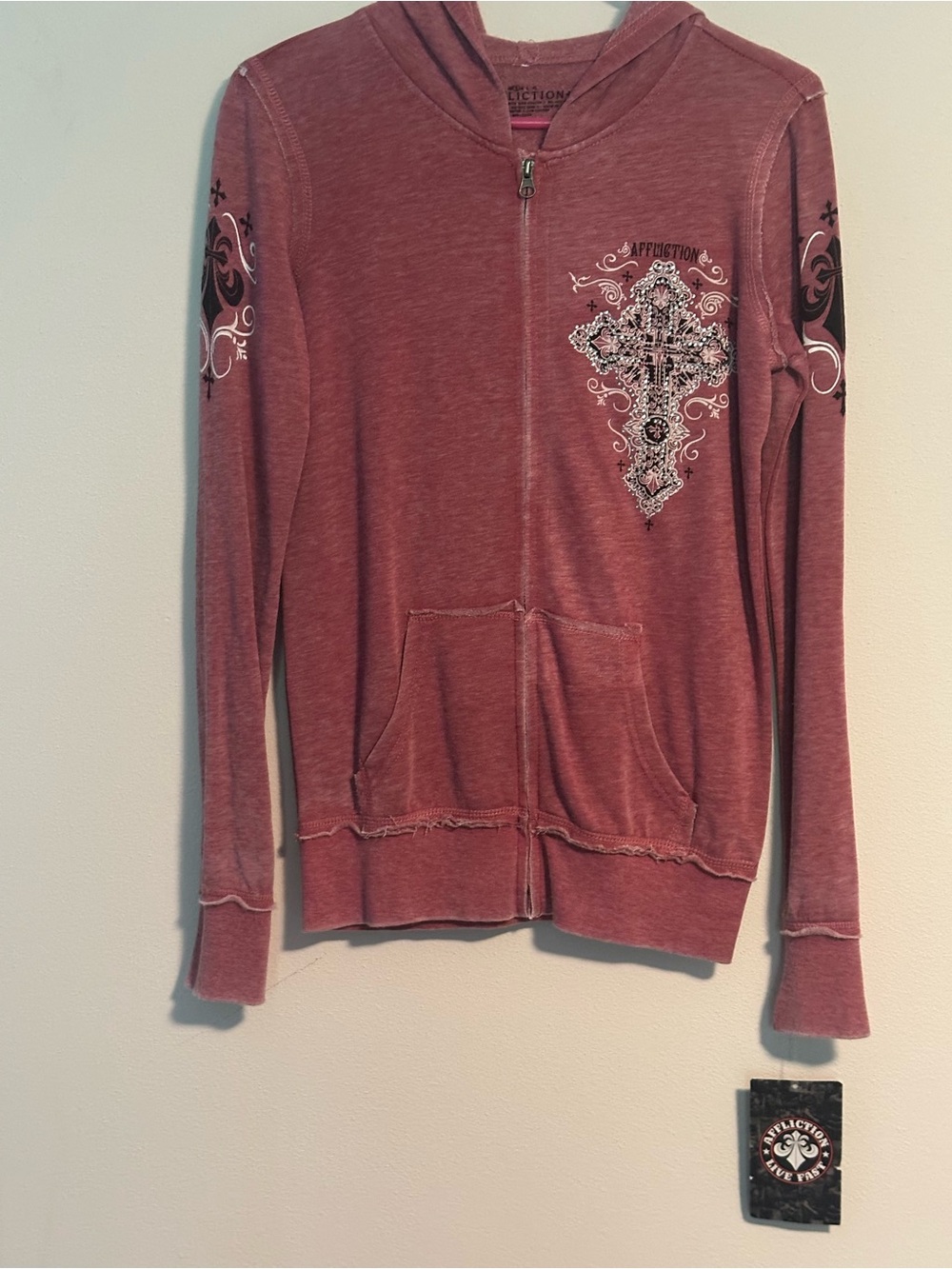 Affliction Paradigm Womens Small Red Cross Graphic Full Zip Hoodie NWT Y2K